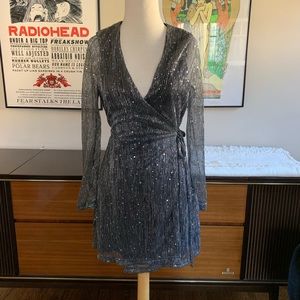 Disco Sparkly Gray Tie Wrap Dress
